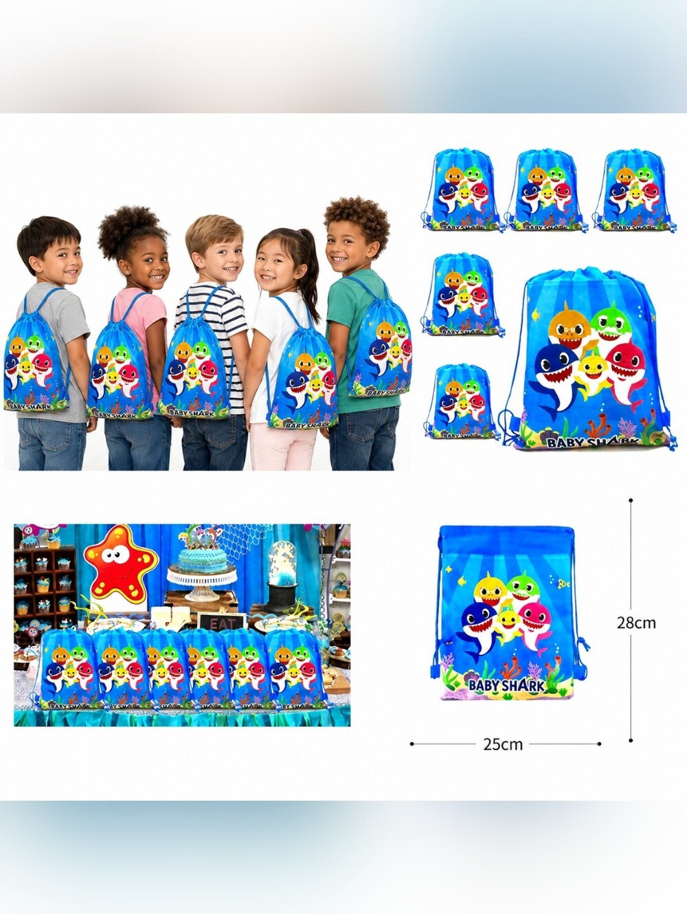 10Pcs Baby Shark Drawstring Bags Reusable Treats Party Favors Birthday School